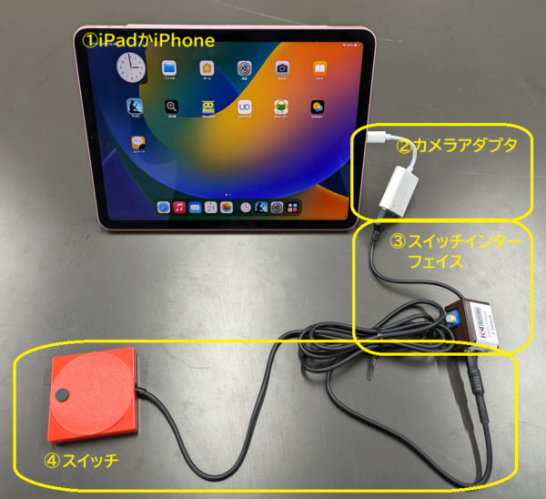 iPadとスイッチをカメラアダプタ、スイッチインターフェイスを介して接続する様子